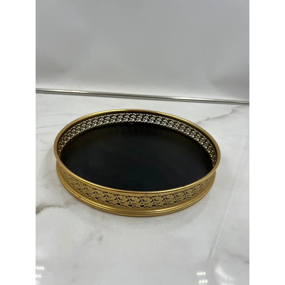Vintage Gold Ornate Filigree Round Vanity Tray Black Base Hollywood Regency 10in